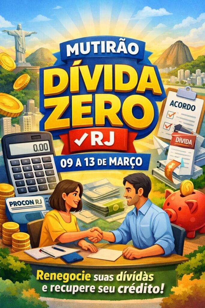 Ilustração do Mutirão Dívida Zero RJ, ação que permite renegociação de dívidas e recuperação de crédito para consumidores no estado do Rio de Janeiro.