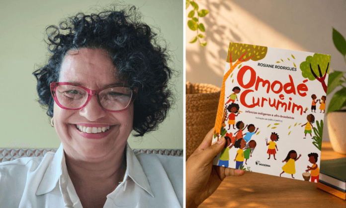 Foto da autora Rosiane Rodrigues e o livro Omodé Curumim