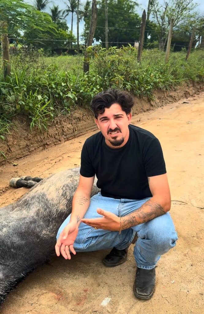 O médico-veterinário João Pedro Rangel, no local da ocorrência. Devido à gravidade dos ferimentos, foi necessária a eutanásia do animal.