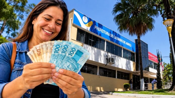 Foto de uma mulher sorrindo com dinheiro na mão ao fundo a fachada da prefeitura de casimiro de Abreu